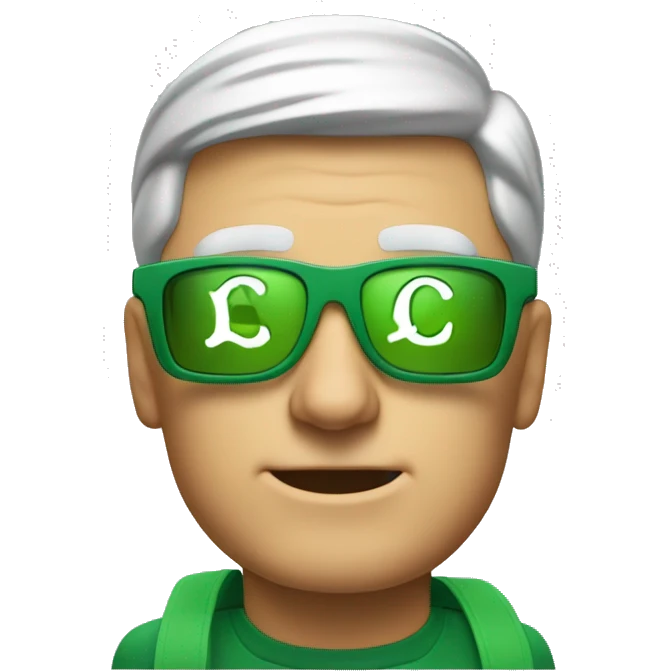 tim cook wearing a green eyeshade with a bag of money in the corner emoji