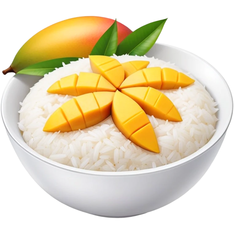 cinematic-realistic-mango-sticky-rice-dessert-emoji,-showcasing-sweet-sticky-rice out of a mould-paired-with-ripe-mango-slices-and-coconut-milk-rendered-with-lifelike-detail-and-warm,-inviting-lighting with the coconut  milk over the rice emoji