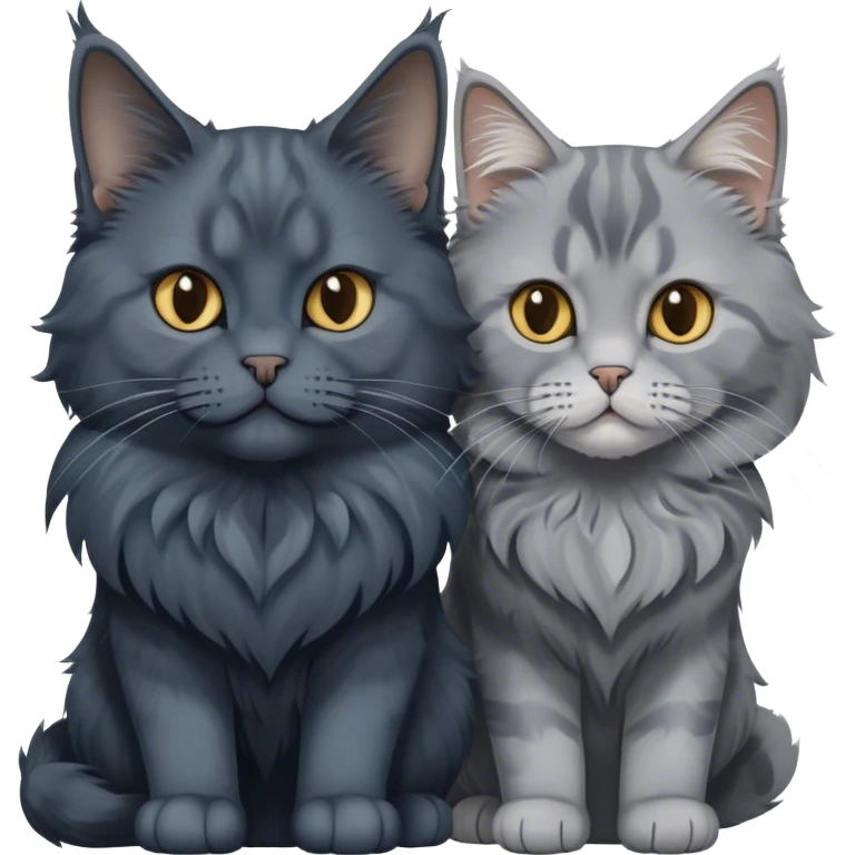 Portrait of a black smoke Maine Coon cat with long grey ear tufts, alongside a British Shorthair cat with a solid blue coat. Both cats with detailed fur textures and playful expressions. Soft, elegant background with warm, natural tones. Transparent background. emoji