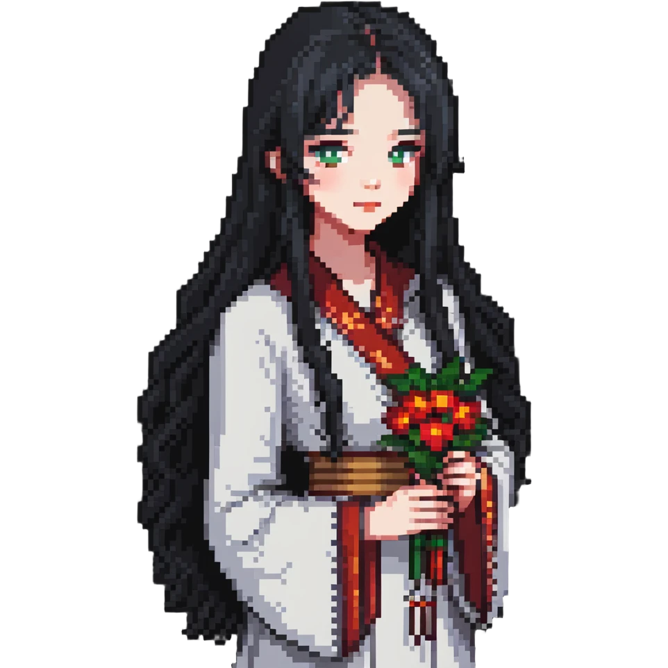 Beautiful girl with long black hair holding a jianghuangsed emoji