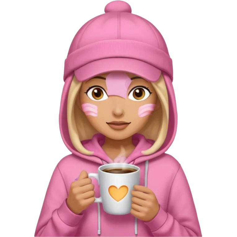 Woman in pink hoodie and cap holding coffee emoji