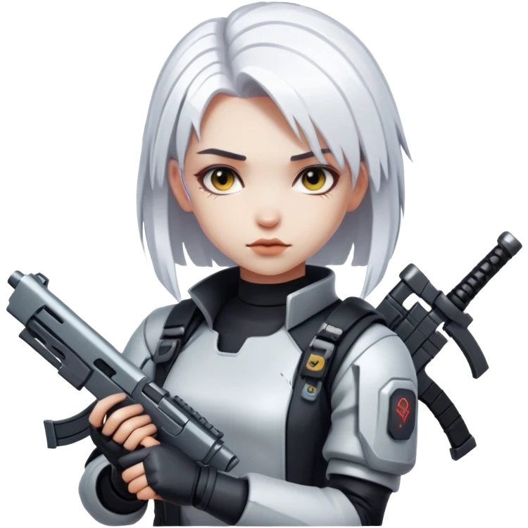 young girl, white long hair, weapon, cyberpunk emoji