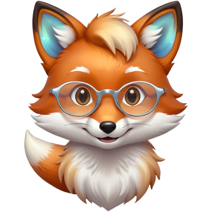 A gentle fox with iridescent fur, a glowing tail, a silver star on its forehead, and round glasses, smiling softly with closed, happy eyes. 🦊😊 emoji