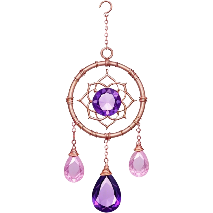Hanging suncatcher, threads with shiny sparkly amethyst and rose-quartz gemstones,  emoji