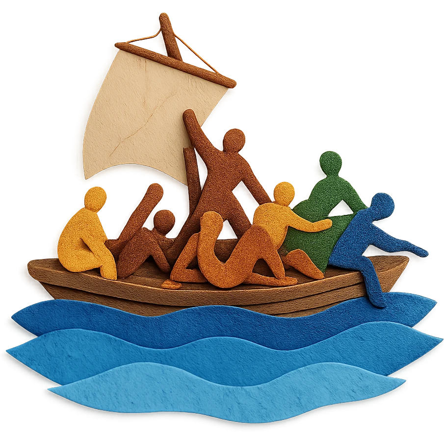 paper craft style Le radeau de la Méduse, layered paper look, raft and people, blue sea emoji