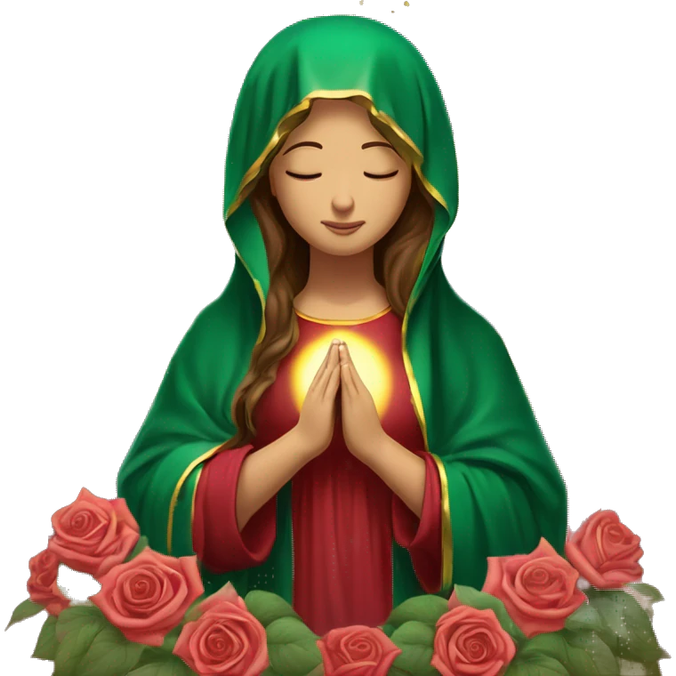 Virgin Mary: kind face looking down at the left, long brown hair, Wearing an emerald green  robe with gold stars and a burgundy red dress,  Hands in prayer or blessing. Halo around her head. standing in front of a big sun. colorful roses on the sides  emoji