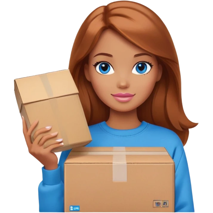 Barbie with shoulder-length reddish-brown hair, blue eyes with makeup, wearing a brown sweatshirt , stands with a parcel box emoji