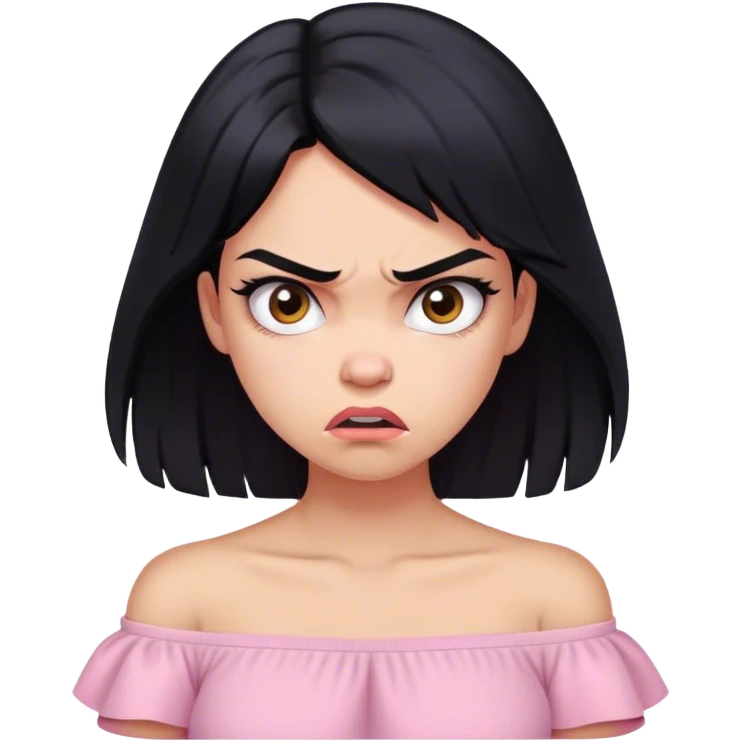 Chica de pelo negro y piel clara y linda con una camisa rosa pastel cruzada de hombros enojada emoji