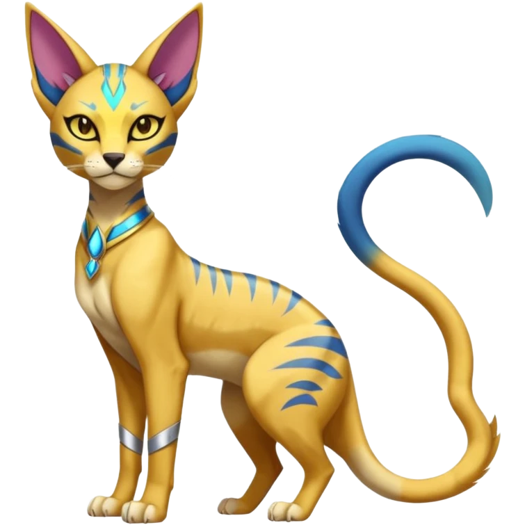Modern furry anthro futuristic shiny colorful Bastet-Sphynx-Lombax-Zeraora-Renamon-fusion (full body) emoji