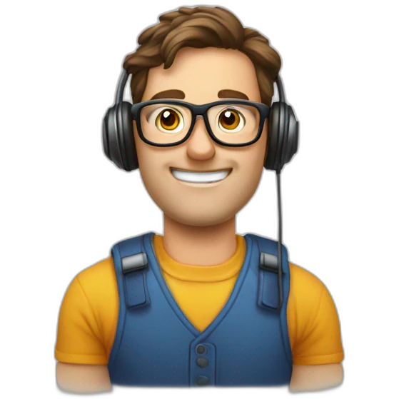 Geek tenant à la main près de son oreille un iphone 15 emoji