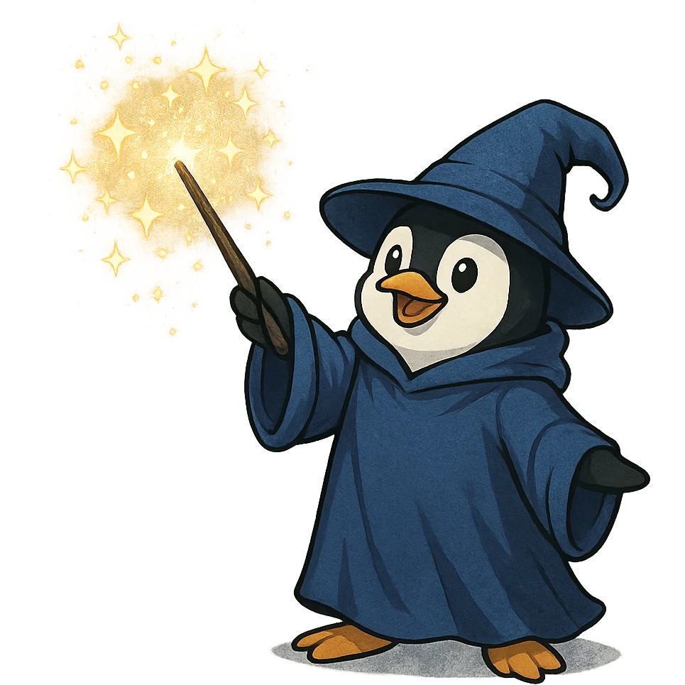 penguin wizard casting a spell, sparkles, robe emoji