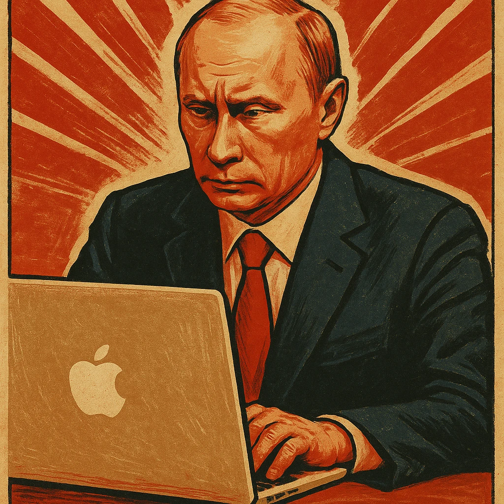 Vladimir Putin working on a MacBook in a vintage propaganda poster style emoji