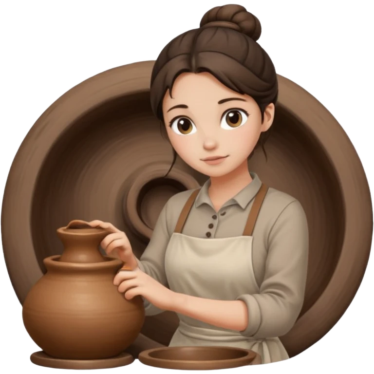 Brunette girl with a bun, behind the potter's wheel, wearing neutral clothing emoji