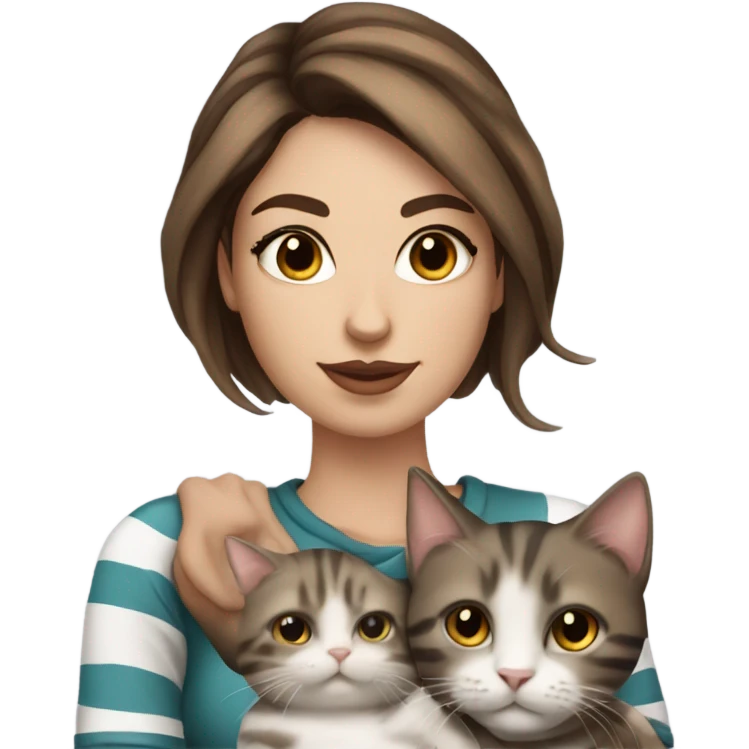 Beautiful brown haired tattooed woman holding gray and white striped cat emoji