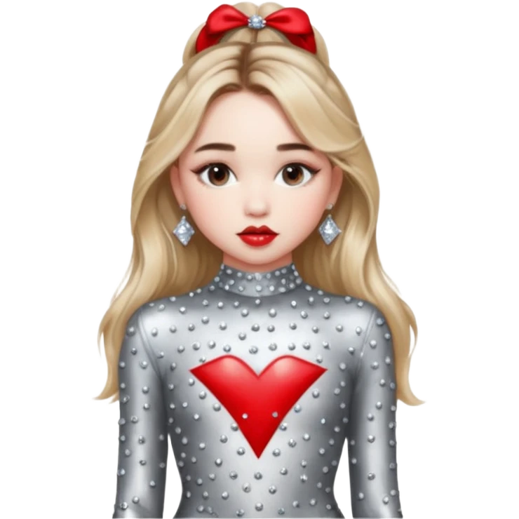 Sabrina carpenter in silver rhinestone bodysuit with red kiss marks all over it emoji