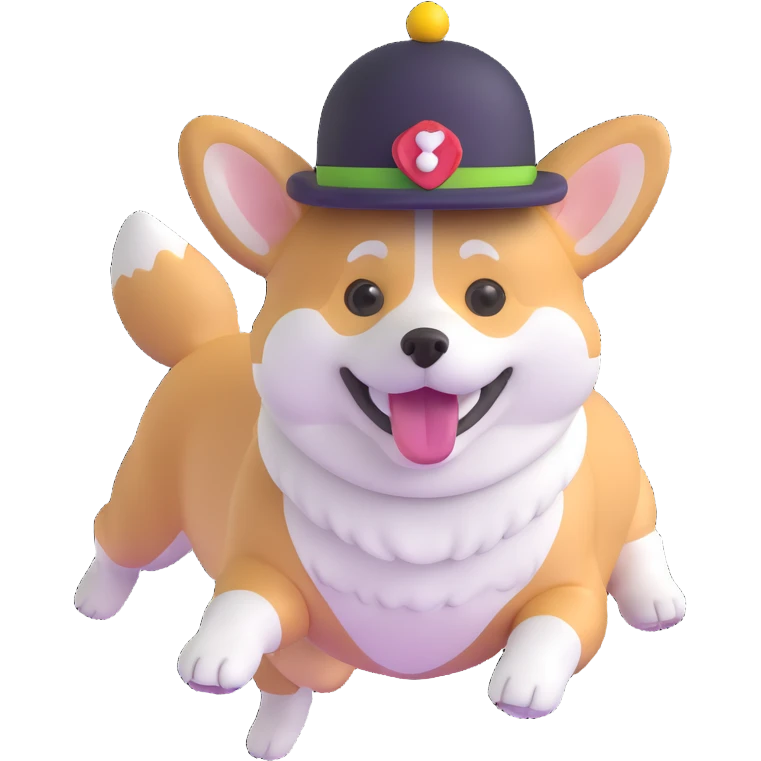 corgi dog jumping with a cute hat emoji
