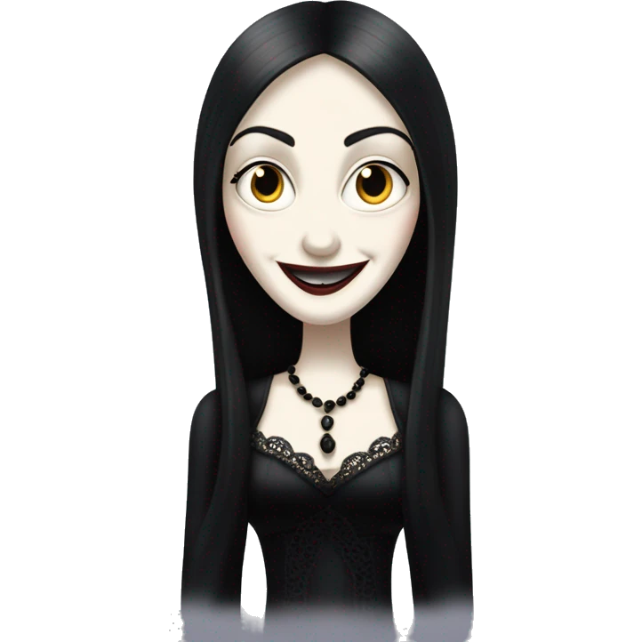 Morticia Addams at home. Smiling. Filmy nightgown . Very Pale-white porcelain skin.  emoji