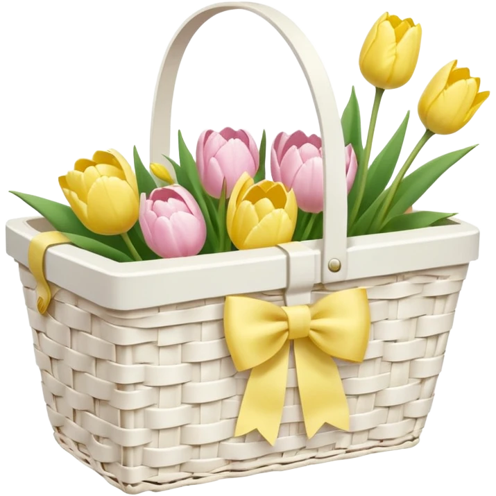 A white Picnic basket with yellow pastel bow, white peonie, tulips emoji