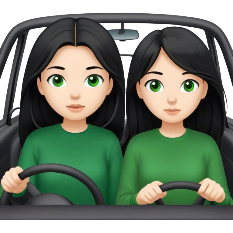 Girl 2 with black shirt girl 1 with green sweater Two girls both with black long hair in a white car driving to a destination emoji