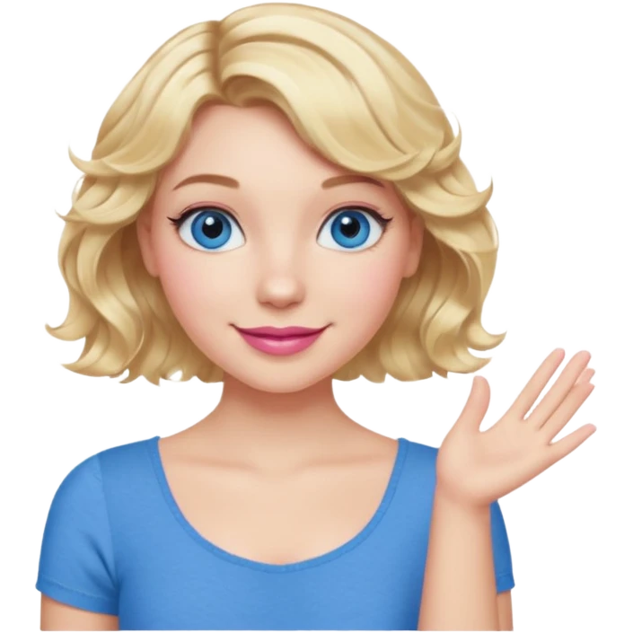 Girl Blonde short wavy hair,  blue eyes, cute blue top, long lashes, pink lips, smiling, one hand 🤷🏼‍♀️  emoji