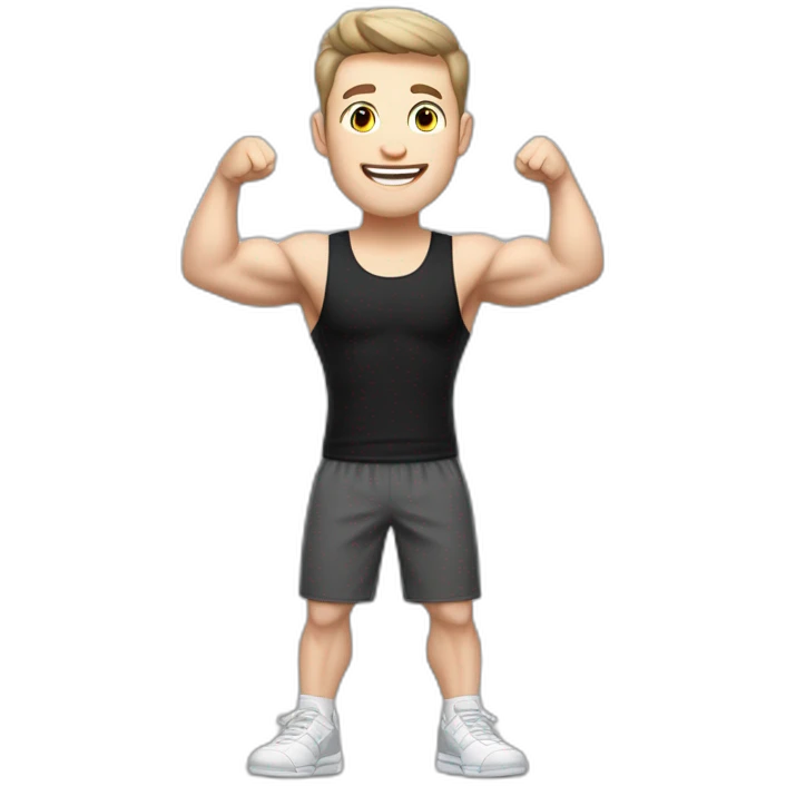 Joyful Celebrating victory Pale skinned Fit Man With the biceps and dark brown hair in black shirt, gray sports shorts and white Sneakers emoji