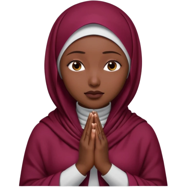 darkskin muslim black woman praying with burgundy hijab hyper realistic face, islamic prayer position  emoji