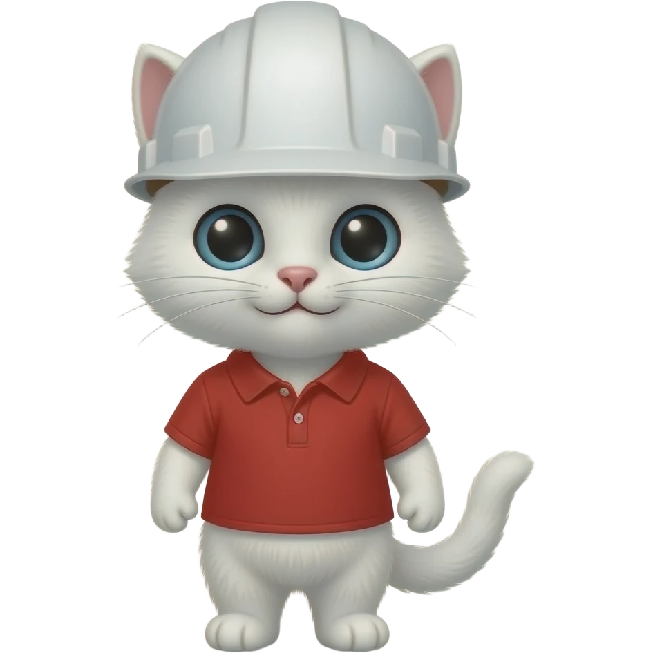 Un gatito blanco con polo rojo y casco de Ing blanco emoji
