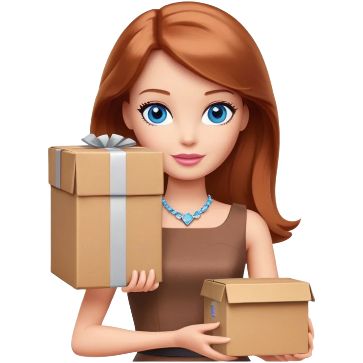 Barbie with blue eyes, shoulder-length reddish-brown hair in a brown dress holds a package box emoji