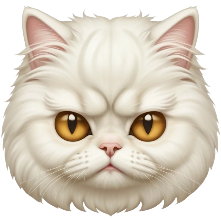 Cinematic Grumpy White Persian Cat Portrait Emoji, Head tilted playfully with a hint of sass, fluffy white fur with subtle hints of cream and golden tones, Simplified yet hilariously chubby features, highly detailed, glowing with a warm but undeniably grumpy glow, high shine, a mix of lazy and uninterested, stylized with a touch of whimsy, bright but with an expression of sheer disdain, soft glowing outline, capturing the essence of a mischievous yet chubby, grumpy kitty, so endearing it feels like it could stretch out of the screen and sarcastically demand attention with its iconic, grumpy charm! emoji