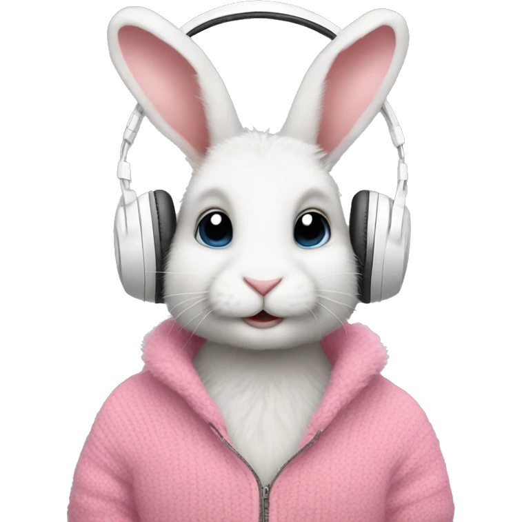 Cute rabbit wearing white headphones and pink fur sweater emoji