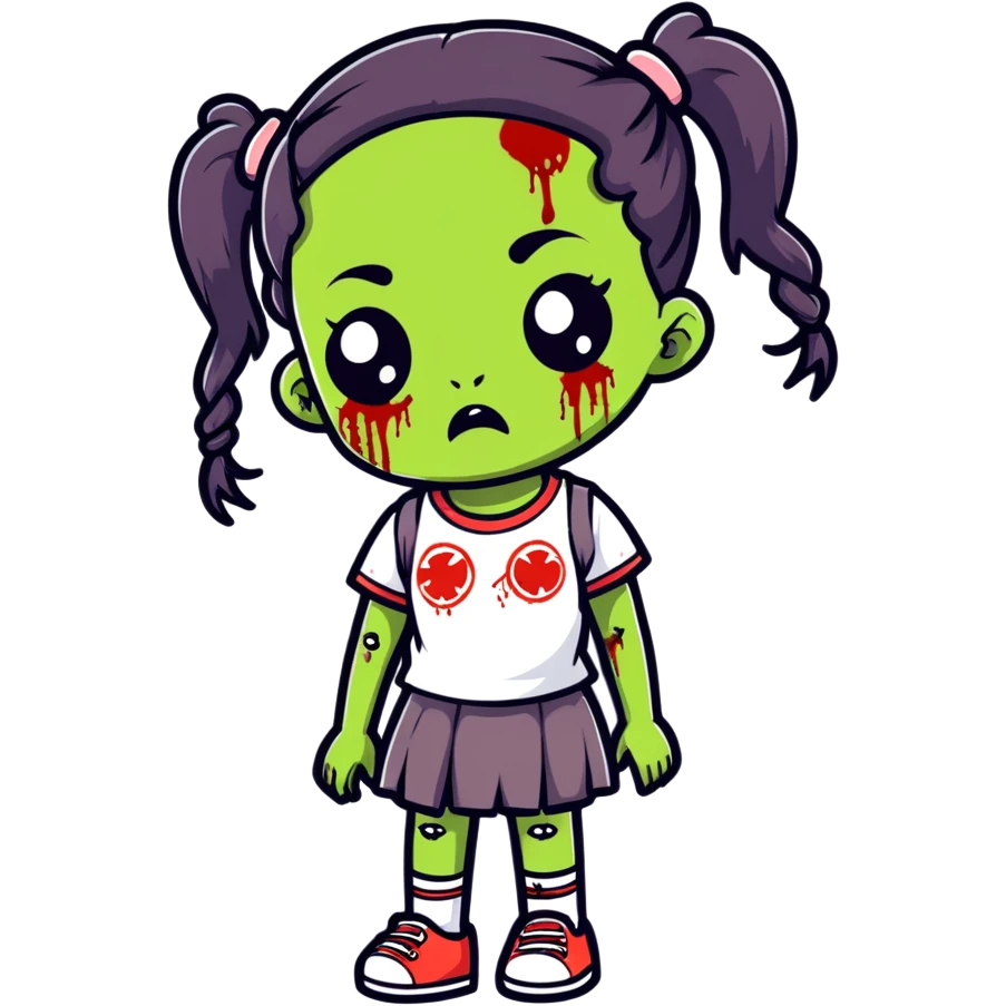 zombie black girl with pigtails, cartoon sticker style emoji