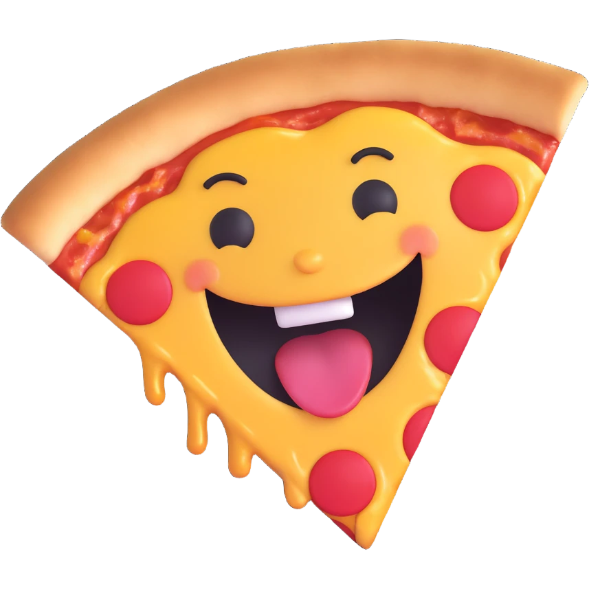 happy face mid-bite into a shiny pizza slice, clear bite mark, bright and glossy, fun and lively emoji