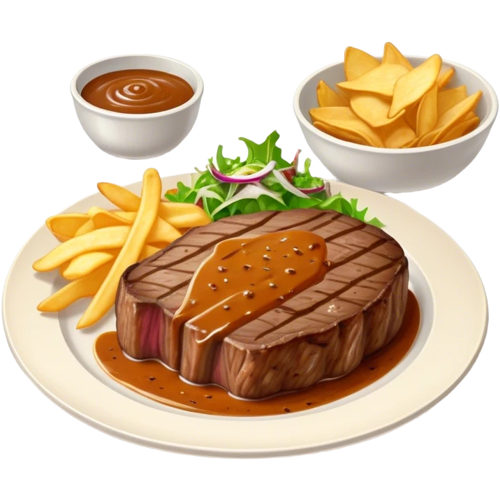 big juicy australian steak meal featuring chips, small salad in a ramikan and gravy in a small bowl on the plate emoji