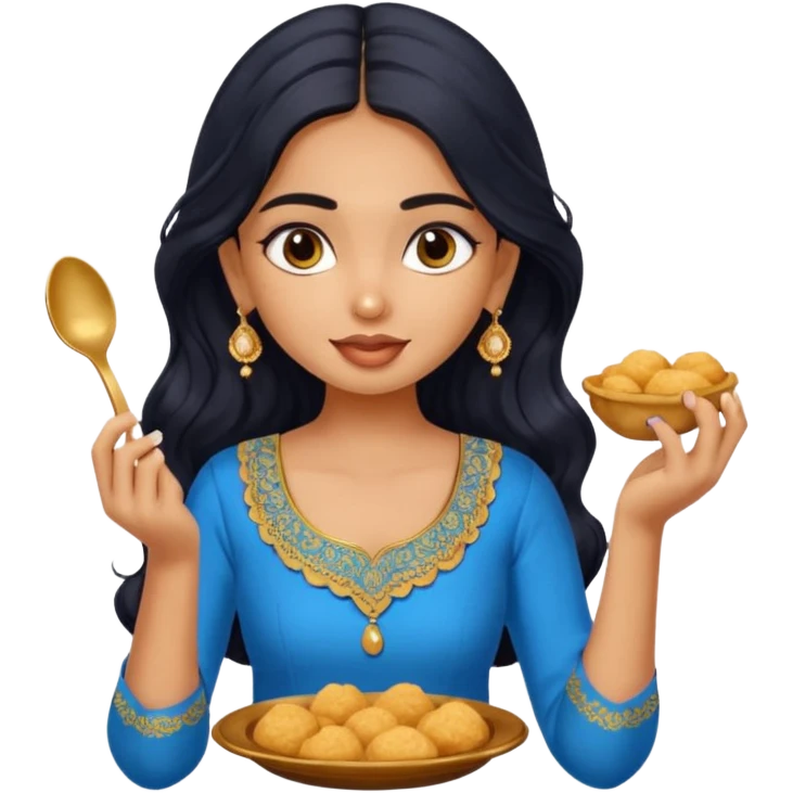 a pretty tan indian bratz girl with wavy long BLACK hair. eyeliner on, wearing a blue kurti, eating golgappa (without spoon) emoji
