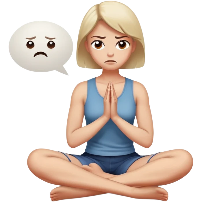 angry woman sitting cross-legged on floor with arms firmly crossed, face turned away, furrowed eyebrows and frowning expression, speech bubble ignored or crossed out nearby, back partially turned to conversation emoji