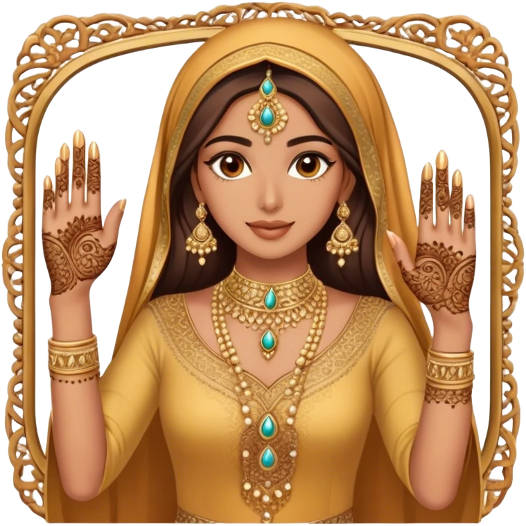 An Arab woman takes a mirror selfie, showcasing her beautifully adorned hands with intricate henna designs and long, elegant nails. She wears multiple gold rings that complement her shimmering golden traditional outfit. emoji