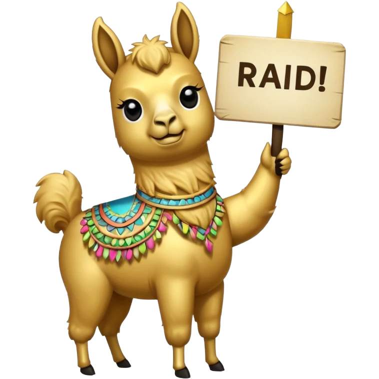 A small golden llama silhouette holding a sign in its mouth that says RAID emoji