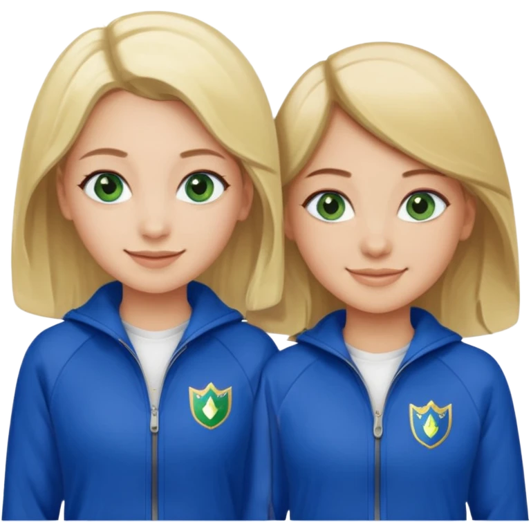 two girls smiling one has blond hair and green eyes and one is has dark brown hair and blue eyes they are wearing royal blue track suits emoji