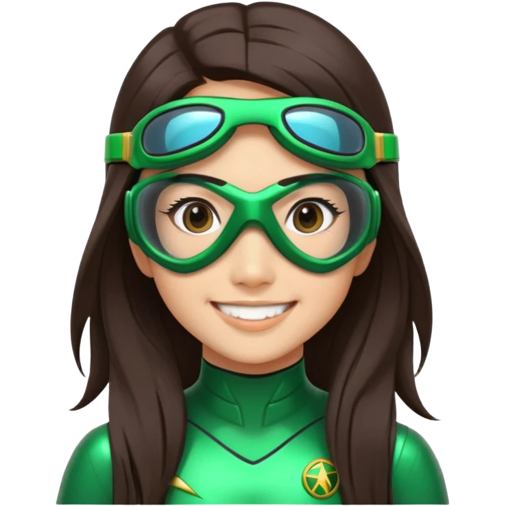 green Power Ranger, Asian girl with long straight dark brown hair, side part, big smile, scuba goggles emoji