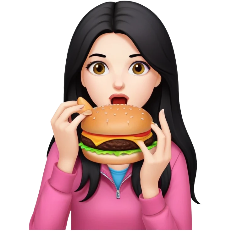 White girl in pink clothes and long black hair eating burger emoji