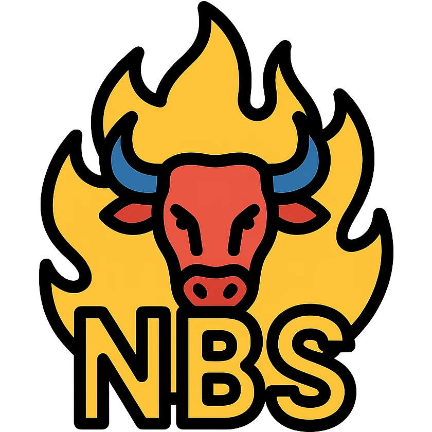 text 'NBS' in front of a stylized bull, both outlined in flames, vibrant and popping, Discord emoji style emoji