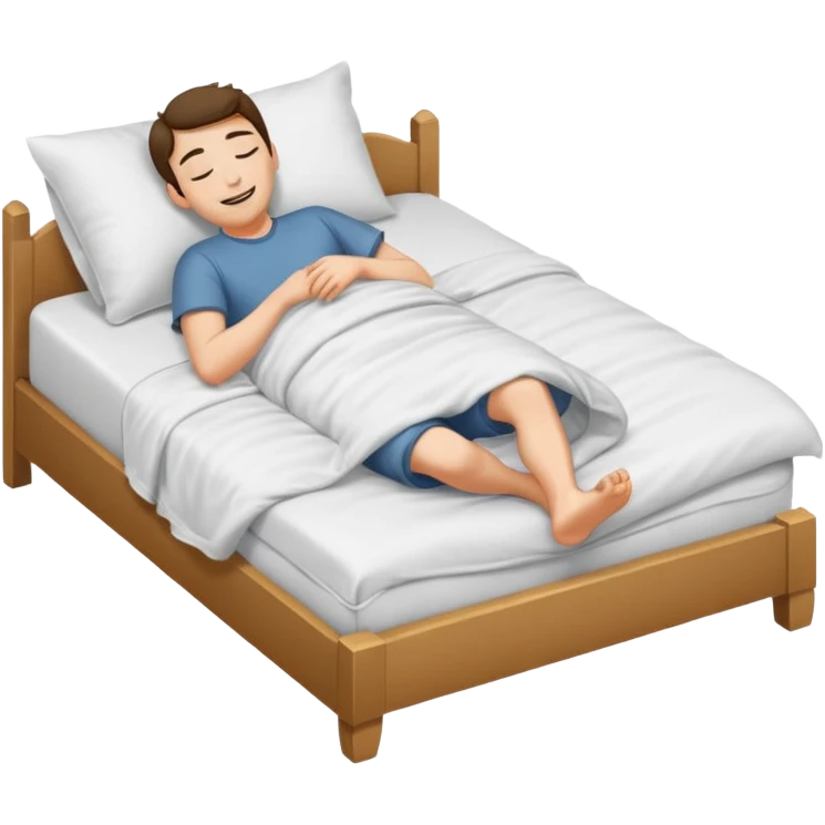 A man in bed under covers kicking feet because so excited to sleep. Eyes are closed and he is smiling and Show his feet emoji