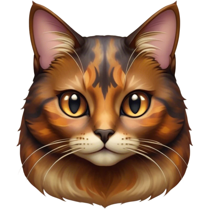 Cinematic Noble Tortoiseshell Cat Portrait Emoji, Poised and dignified, showcasing a luxurious, mottled fur of rich browns and blacks, with elegantly arched whiskers and a determined yet gentle expression, simplified yet meticulously detailed, glowing with a subtle, regal radiance, high shine, embodying quiet nobility and refined charm, soft glowing outline, capturing the essence of a sophisticated tortoiseshell cat exuding quiet authority! emoji