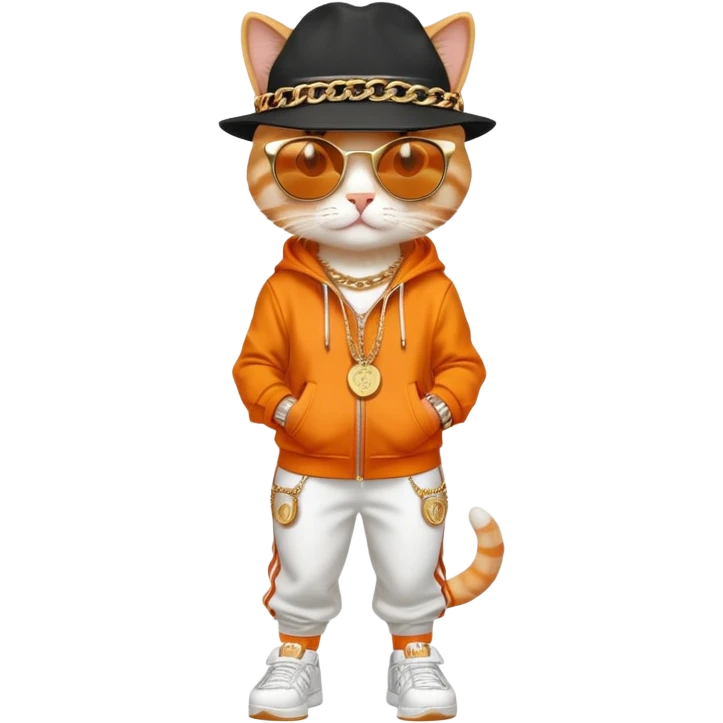 female cat dressed like Run DMC with tracksuit, fedora, Adidas shoes, dark sunglasses, lots of gold chains, rings, bracelets, earrings, upright emoji