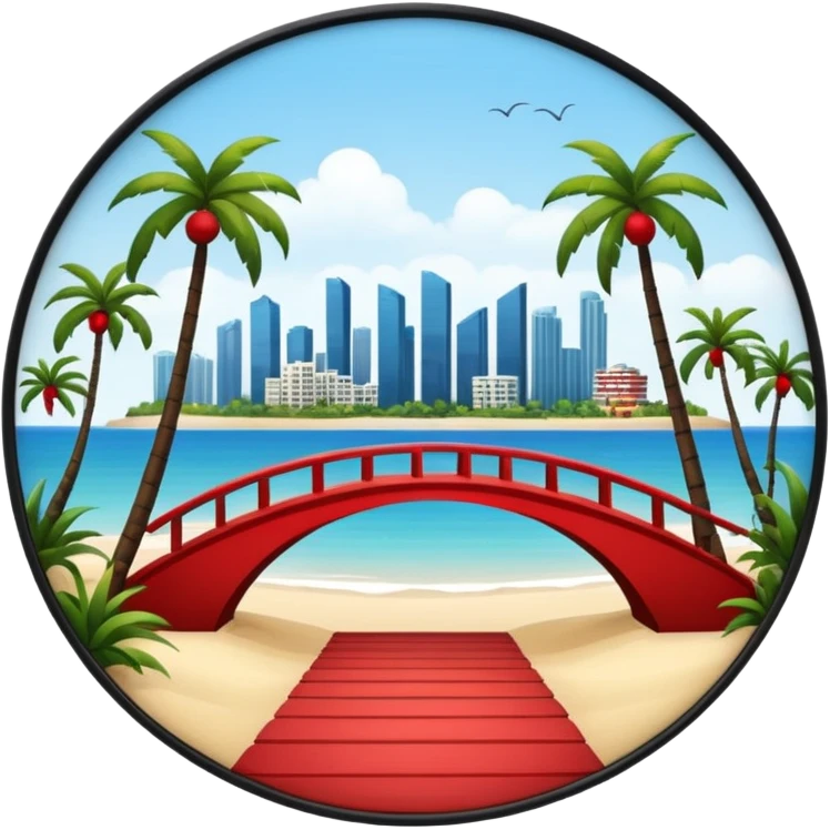 a circle island with modern buildings, a beach with palm trees. also, a red bridge behind.  emoji