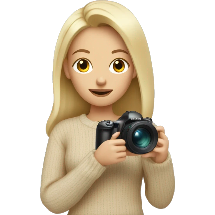 blonde in beige sweater holding camera emoji