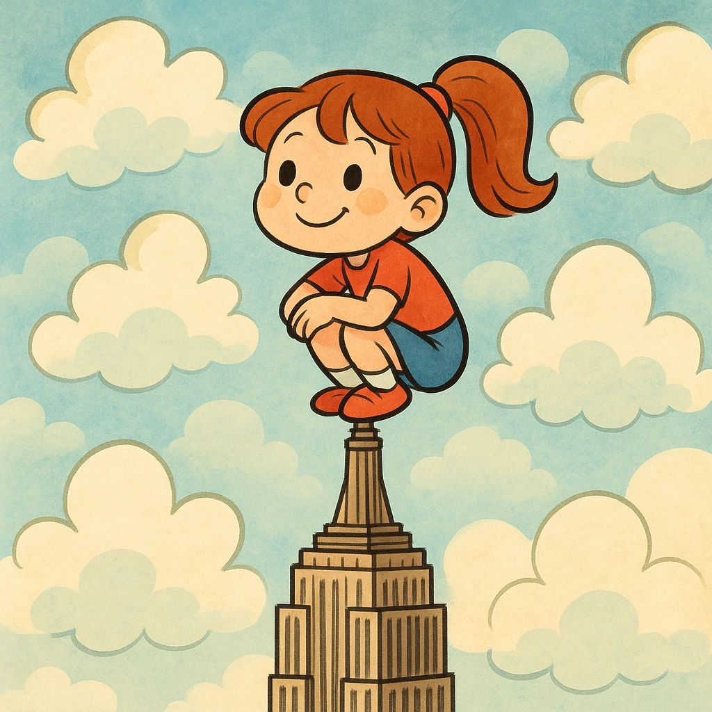 a cartoon girl squatting on the spire of the Empire State Building, whimsical style, clouds around emoji