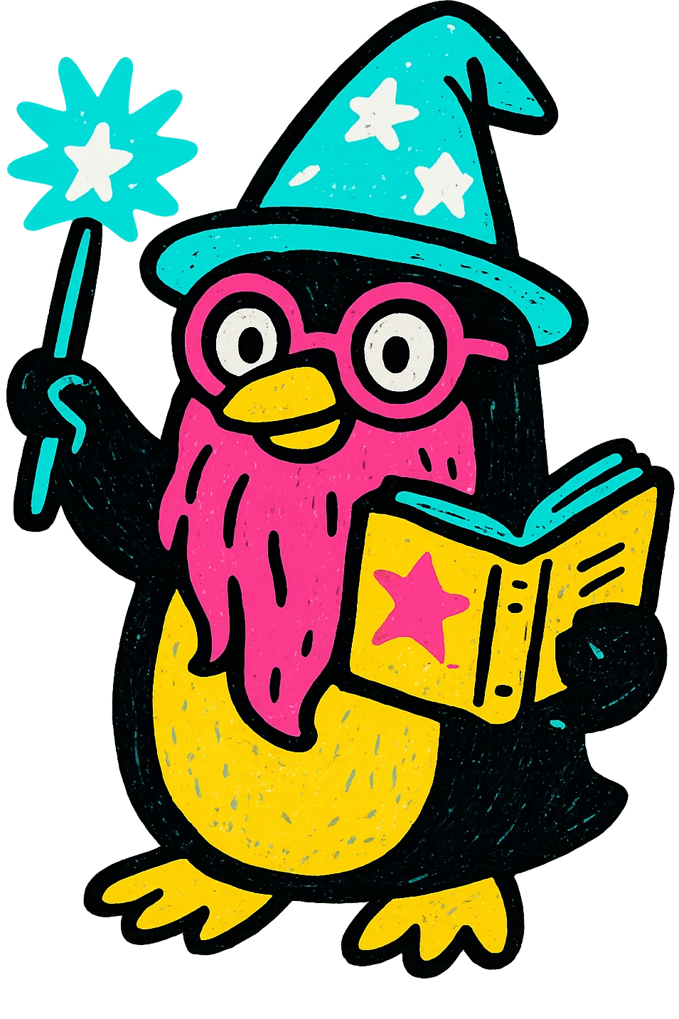a stylized penguin wizard with glasses, a long beard, and a spellbook, in a bold, graphic style, pop colors style emoji