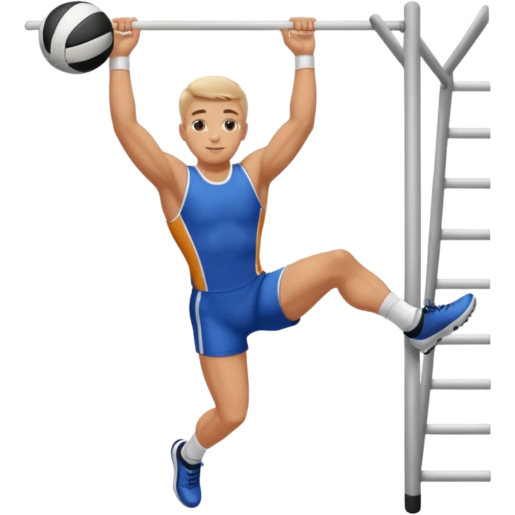 white sportsman in the playground with ball, dressed  in sport suit on sports horizontal bars emoji