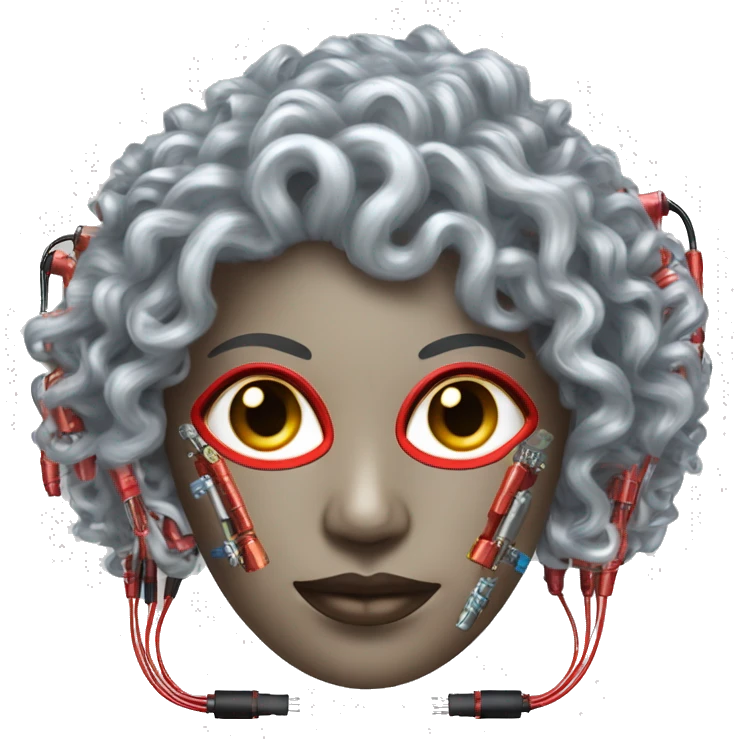 Silver curly hair female cyborg head with red mask and circuits emoji